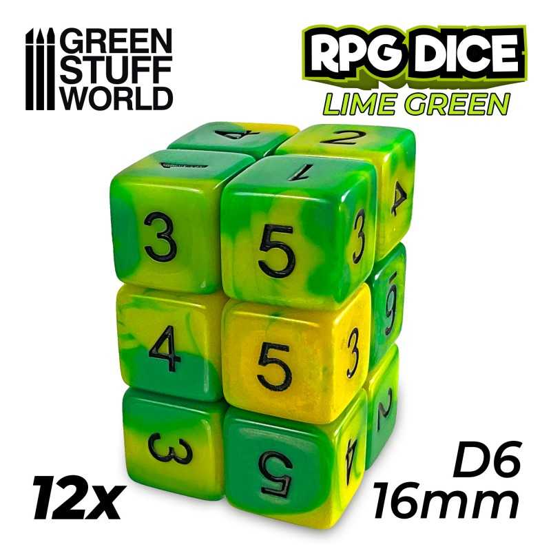 12x D6 16mm Dice - Lime Marble | D6 Dice