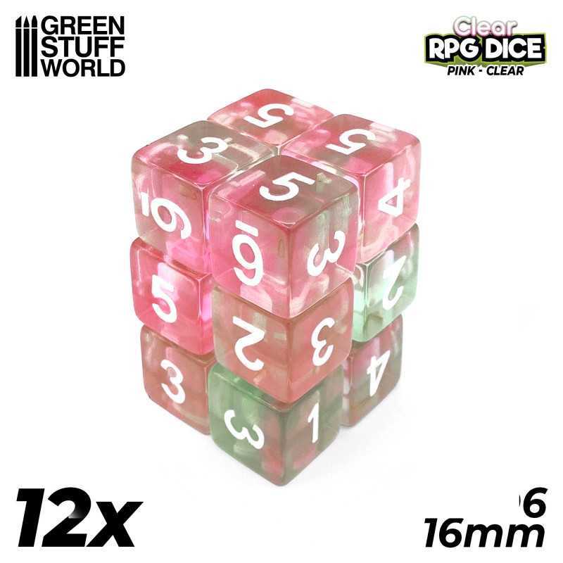 12x D6 16mm 骰子 - 透明粉色 - D6骰子