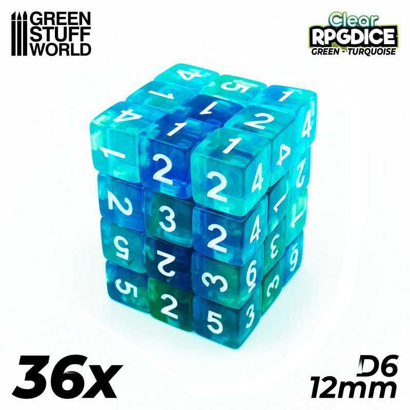 36x D6 12mm Dice - Green-Turquoise | D6 Dice