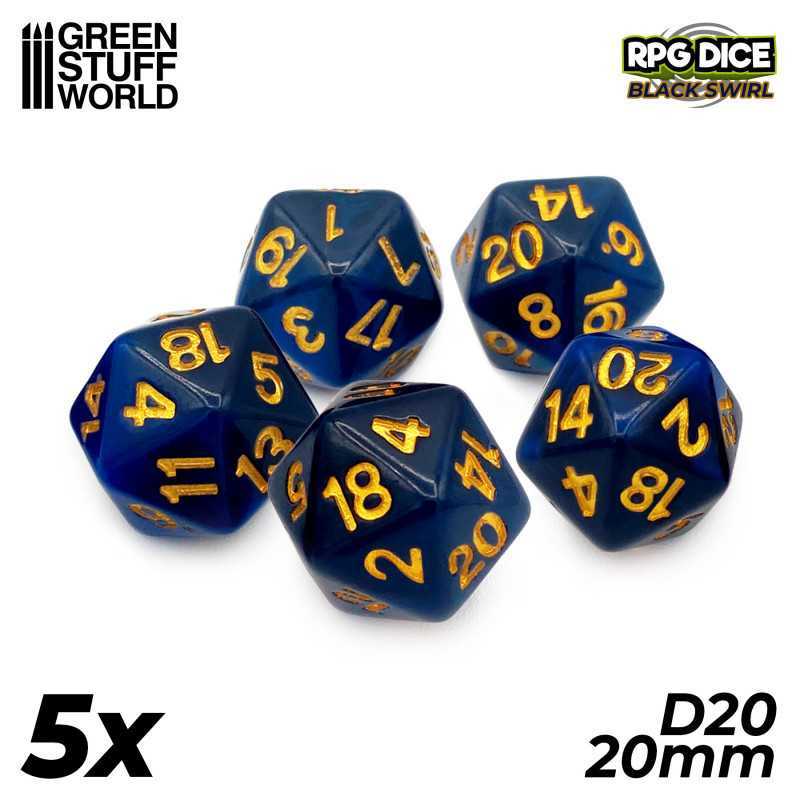 5x D20 20mm Dice - Blue - Black | D20 Dice