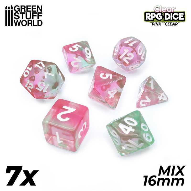 7x Mix 16mm 骰子 - 透明粉色 - DnD 骰子