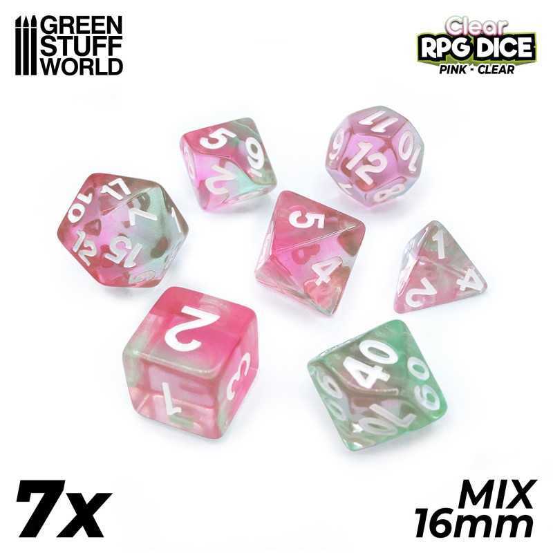 7x Mix 16mm Dice - Clear Pink | DnD dice set