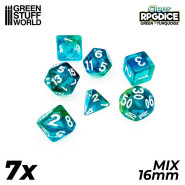 7x Mix 16mm 骰子 - 綠色 - 綠松石 - DnD 骰子