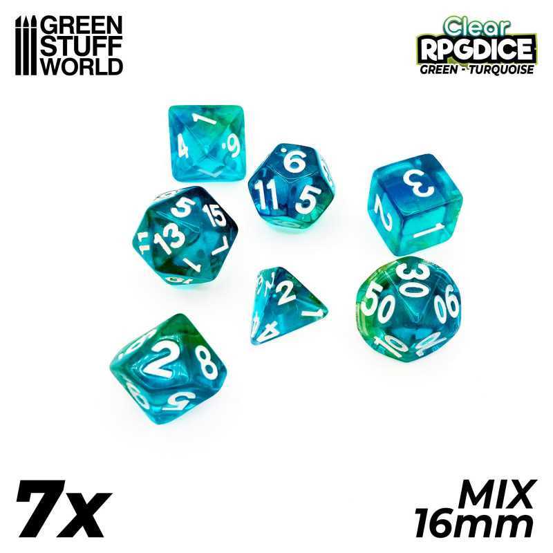 7x Mix 16mm Dice - Green - Turquoise | DnD dice set