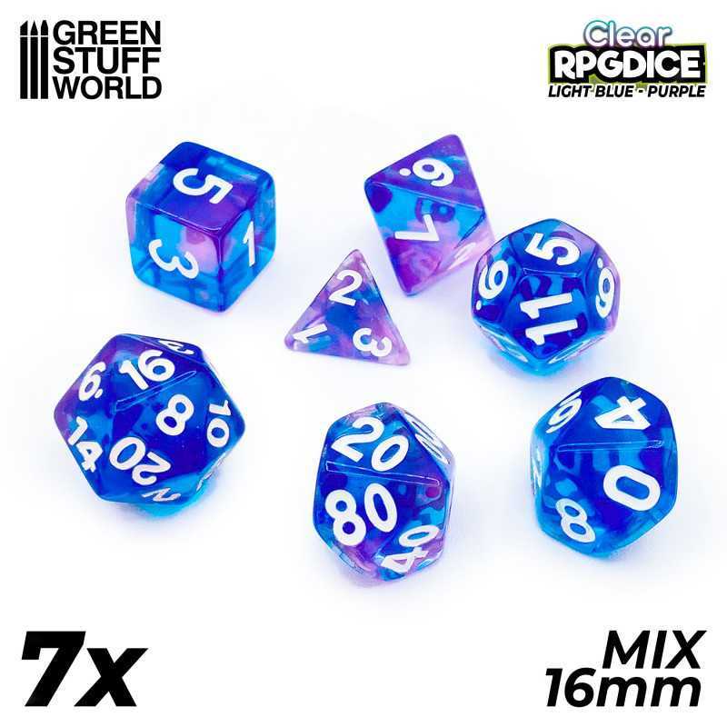 7x Mix 16mm Dice - Light Blue - Purple | DnD dice set