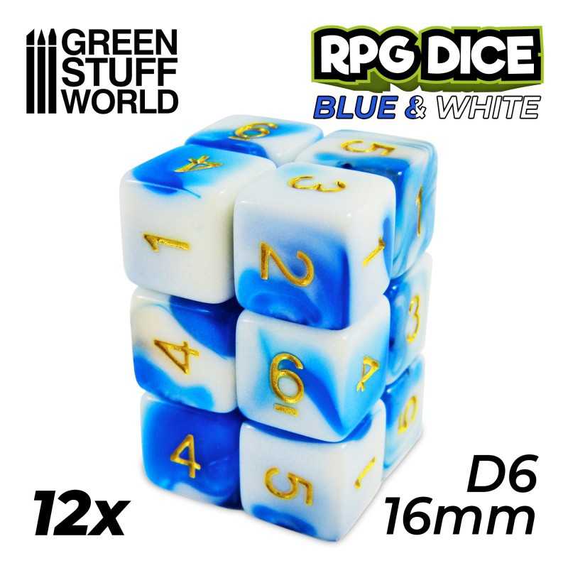 12x D6 16mm Dice - Blue White | D6 Dice