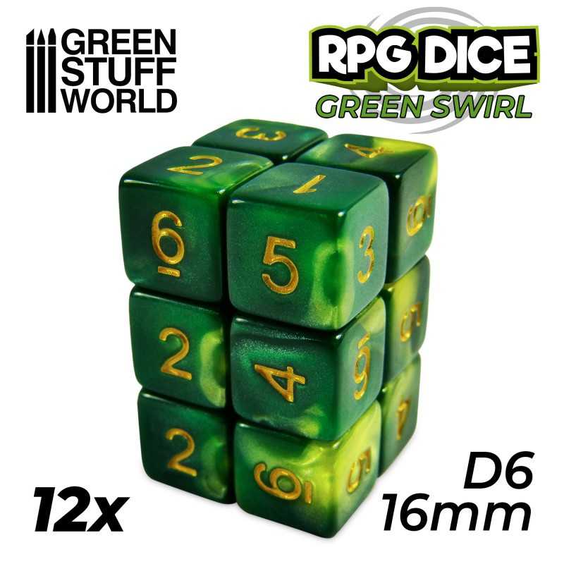 12x D6 16mm Dice - Green Swirl | D6 Dice