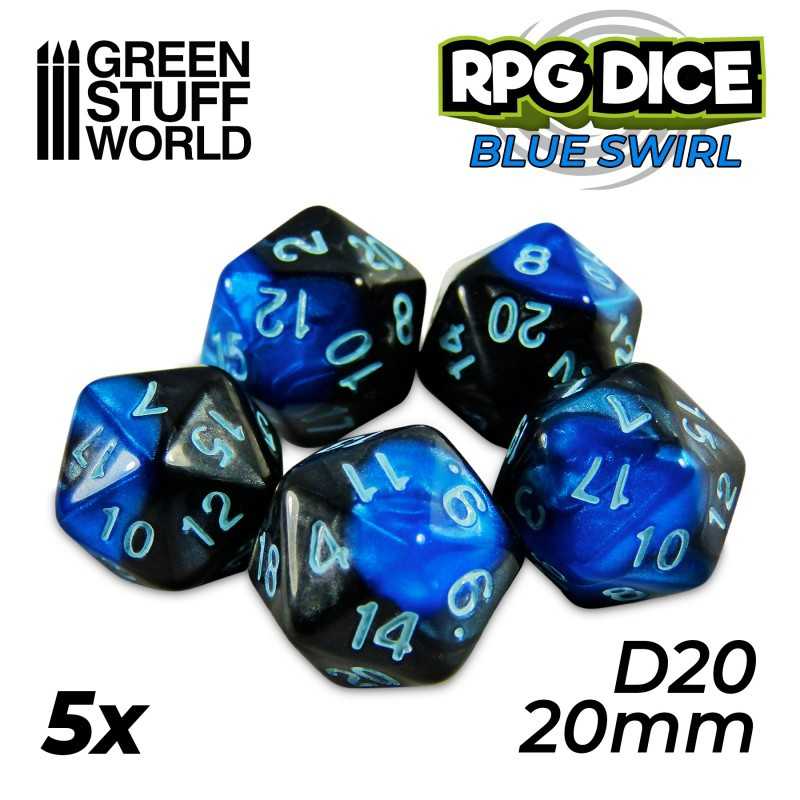 5x D20 20mm Dice - Blue Swirl | D20 Dice