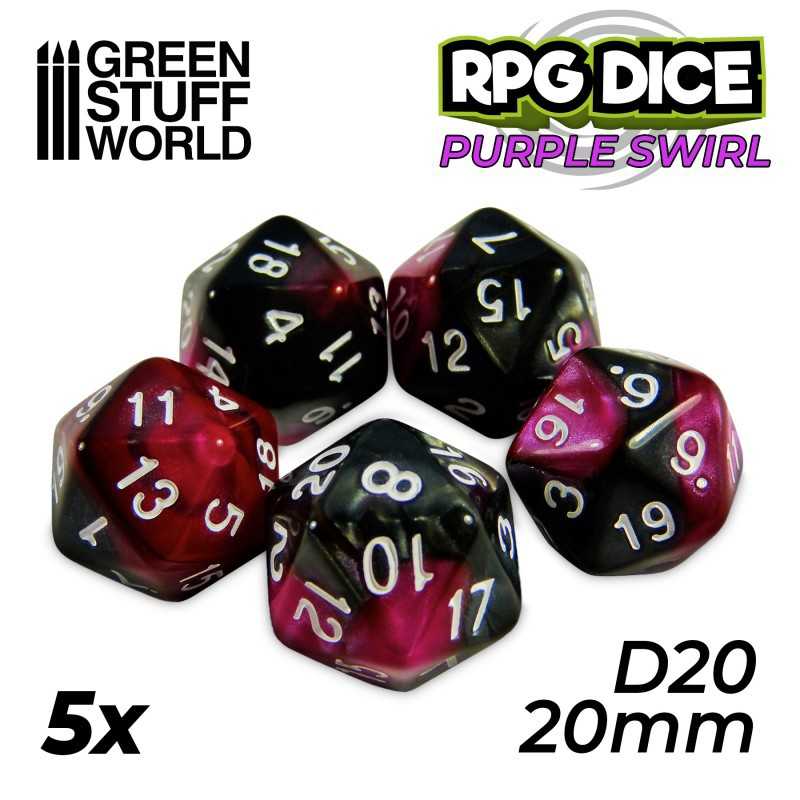5x D20 20mm Dice - Purple Swirl | D20 Dice