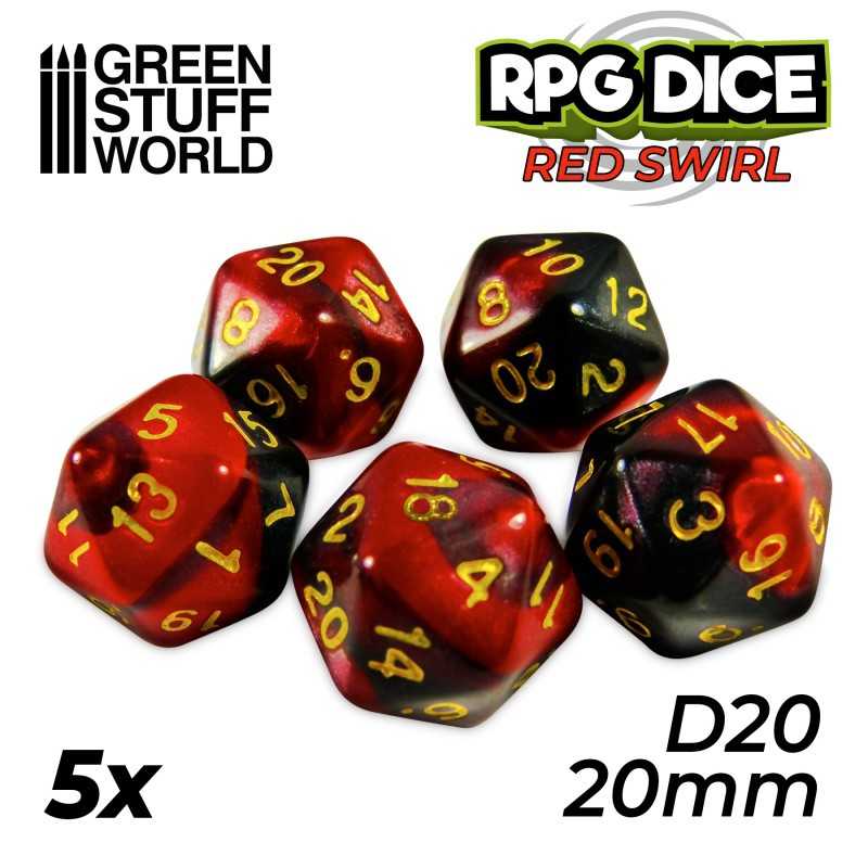 5x D20 20mm Dice - Red Swirl | D20 Dice