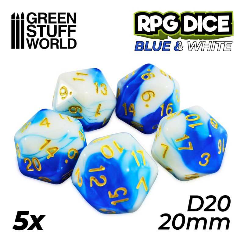5x D20 20mm 骰子 - 藍白色 - D20骰子