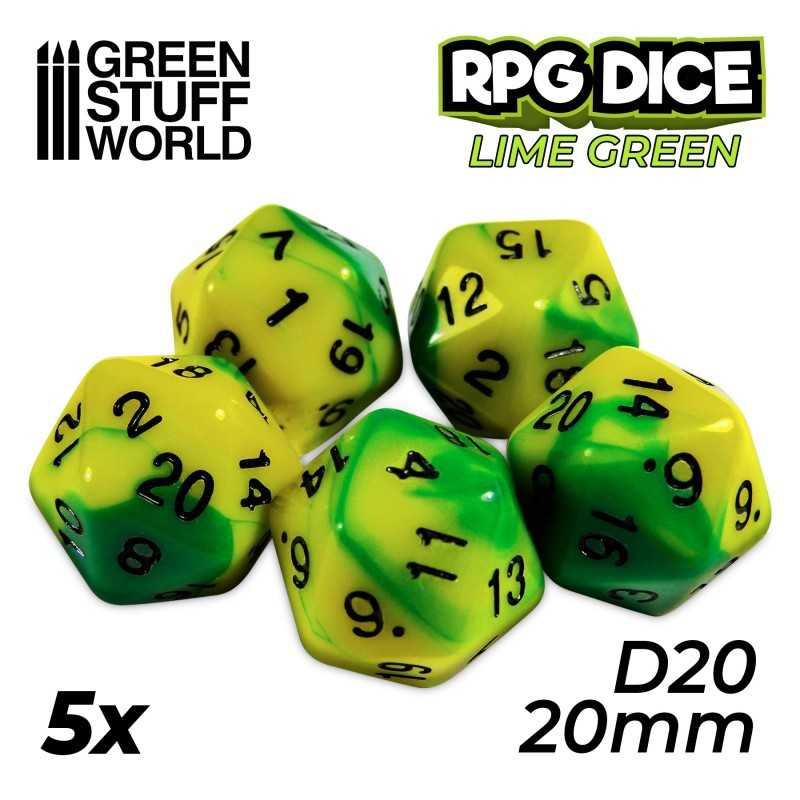 5x D20 20mm Dice - Lime Swirl | D20 Dice