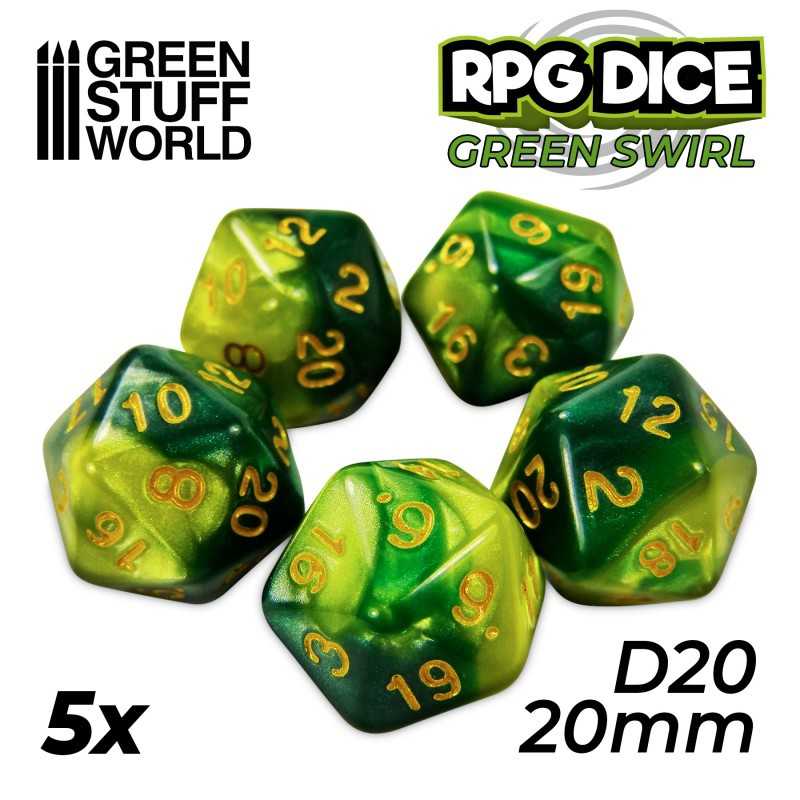 5x D20 20mm Dice - Green Swirl | D20 Dice