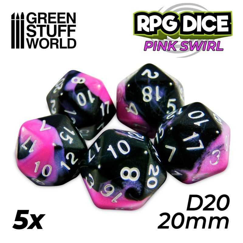 5x D20 20mm Dice - Pink Swirl | D20 Dice