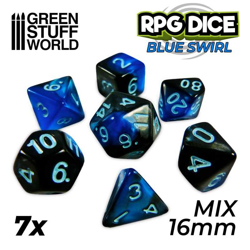 7x Mix 16mm Dice - Blue Swirl | DnD dice set