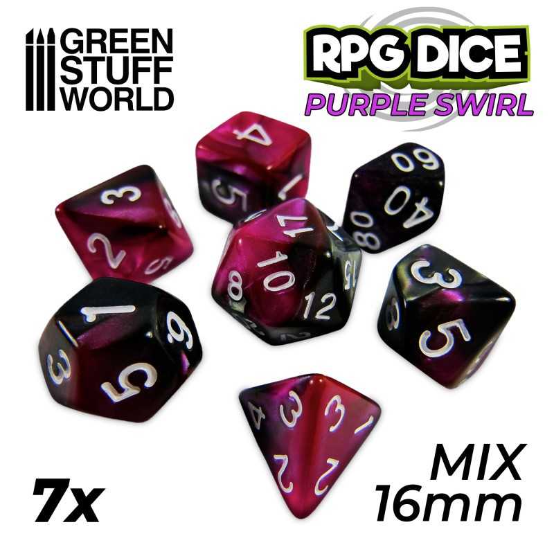 7x Mix 16mm Dice - Purple Swirl | DnD dice set