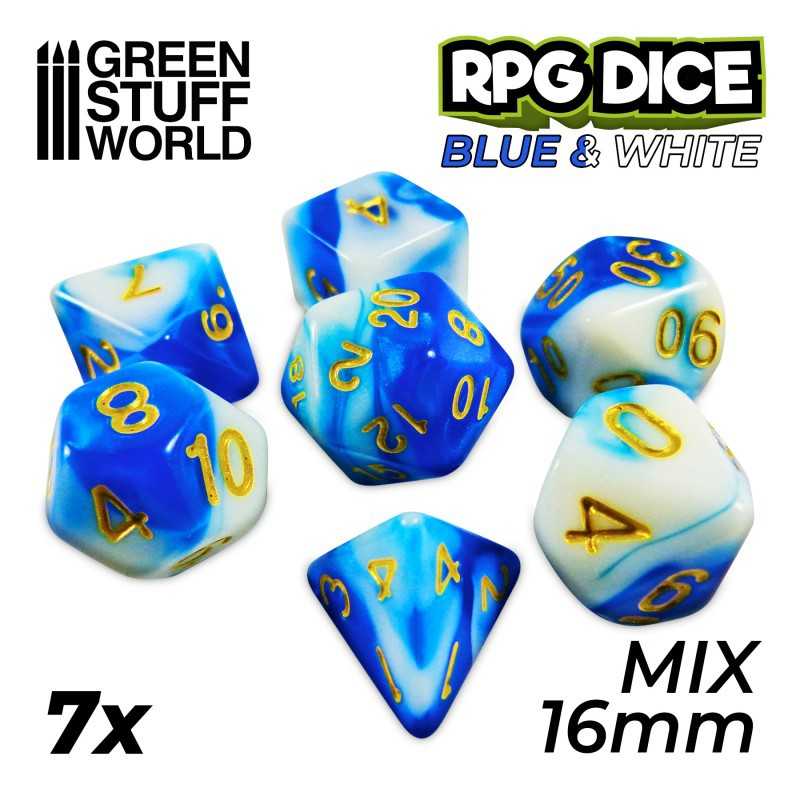 7x Mix 16mm Dice - Blue White | DnD dice set