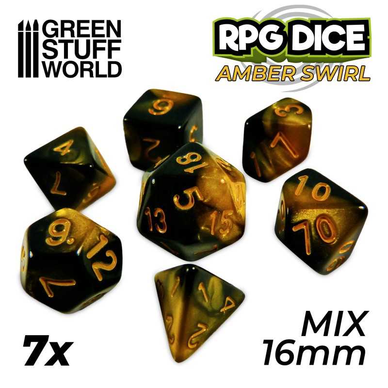 7x Mix 16mm Dice - Amber Swirl | DnD dice set