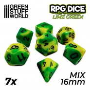 7x Mix 16mm Dice - Lime Swirl | DnD dice set