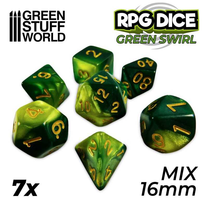 7x Mix 16mm Dice - Green Swirl | DnD dice set