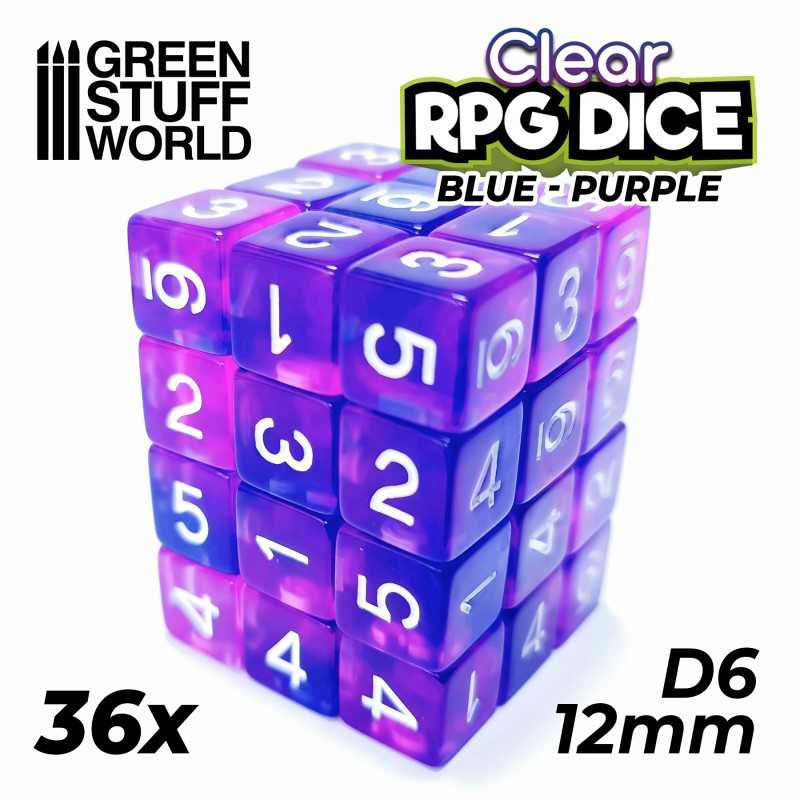 36x D6 12mm 骰子 - 透明藍色/紫色 - D6骰子