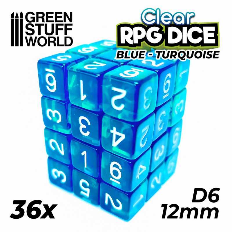 36x D6 12mm 骰子 - 透明藍色/綠松石 - D6骰子