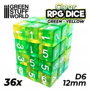 36x D6 12mm 骰子 - 透明綠色/黃色