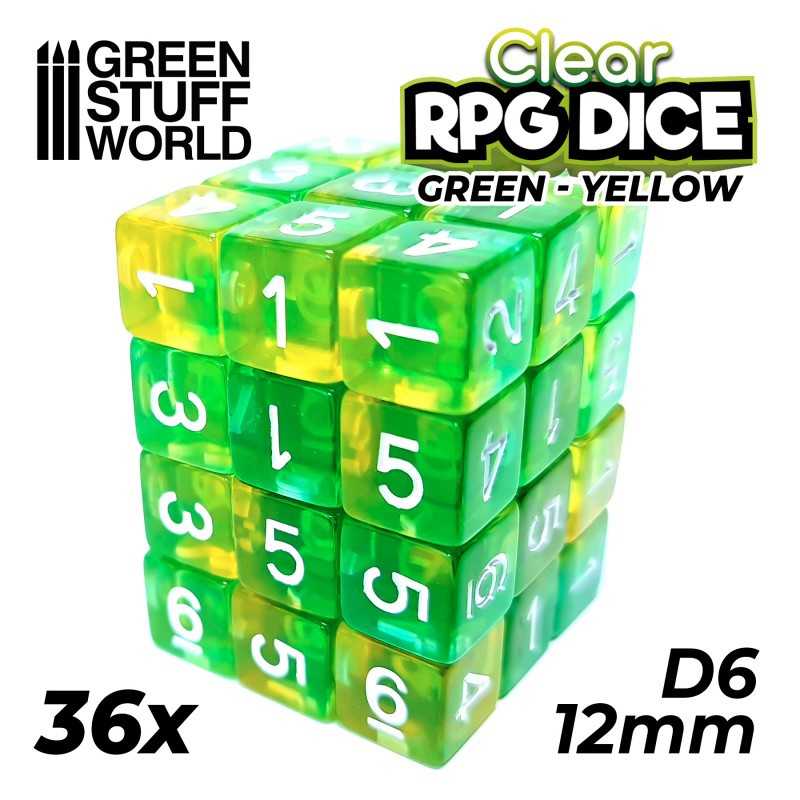 36x D6 12mm Dice - Clear Green/Yellow | D6 Dice