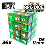 36x D6 12mm 骰子 - 透明橙色/绿色 - D6骰子