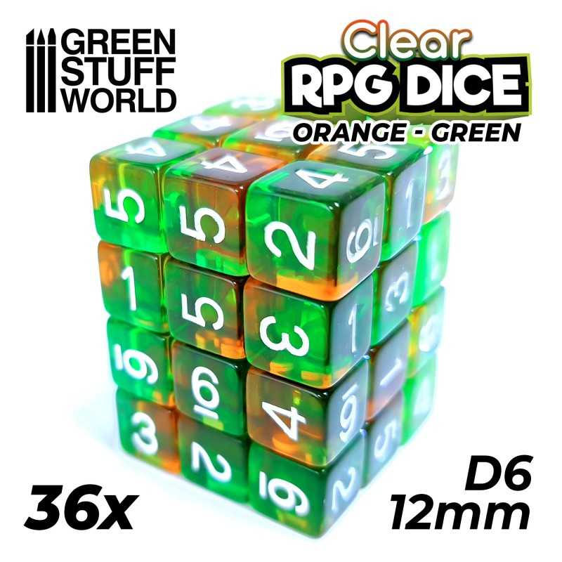 36x D6 12mm Dice - Clear Orange/Green | D6 Dice