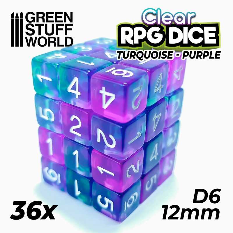 36x D6 12mm Dice - Clear Turquoise/Purple | D6 Dice