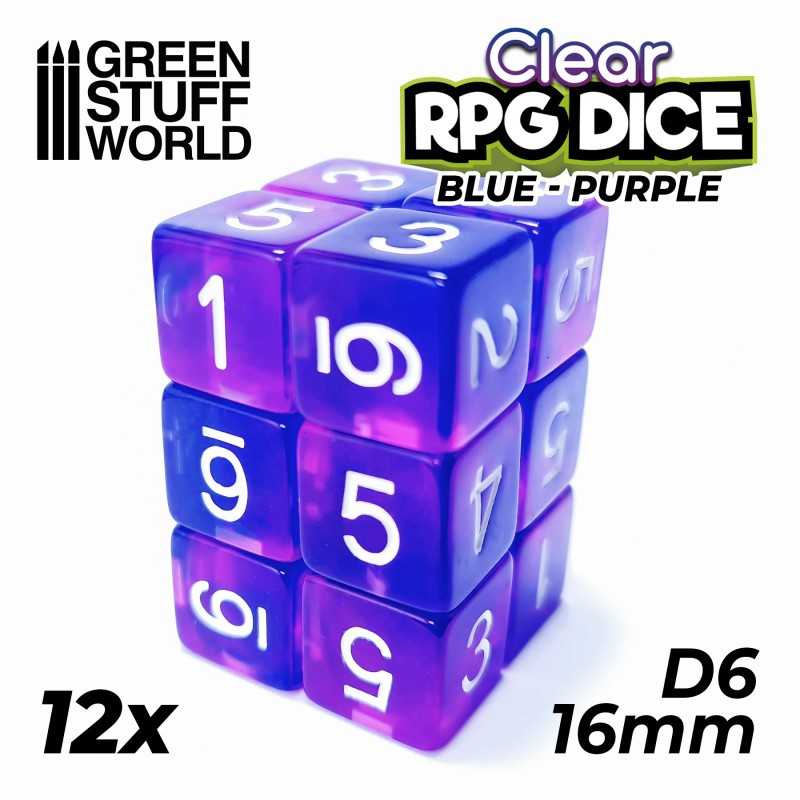 12x D6 16mm 骰子 - 透明藍色/紫色 - D6骰子