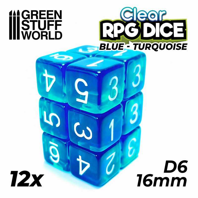 12x D6 16mm 骰子 - 透明藍色/綠松石 - D6骰子