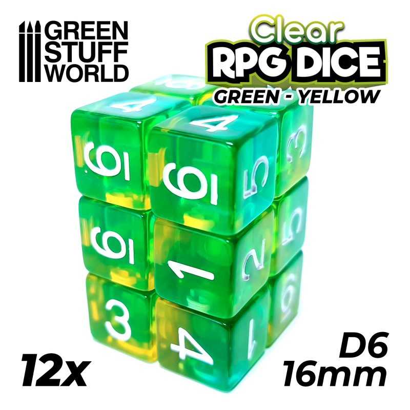 12x D6 16mm 骰子 - 透明绿色/黄色 - D6骰子
