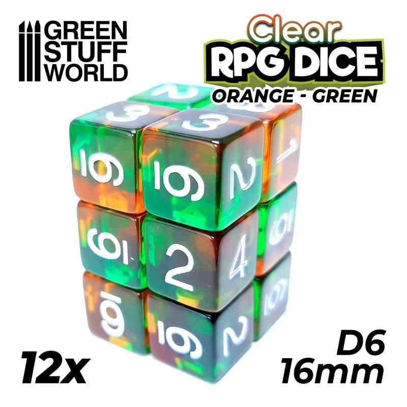 12x D6 16mm Dice - Clear Orange/Green | D6 Dice