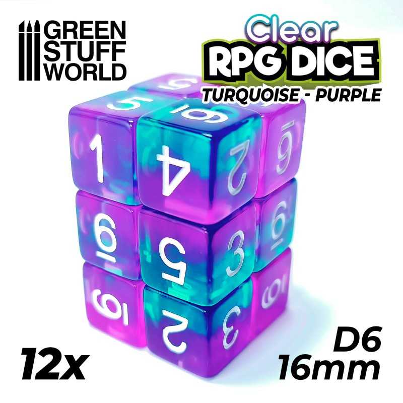 12x D6 16mm 骰子 - 透明绿松石/紫色 - D6骰子
