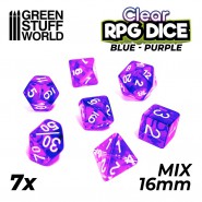 7x Mix 16mm Dice - Clear Blue/Purple | DnD dice set