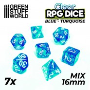 7x Mix 16mm 骰子 - 透明蓝色/绿松石