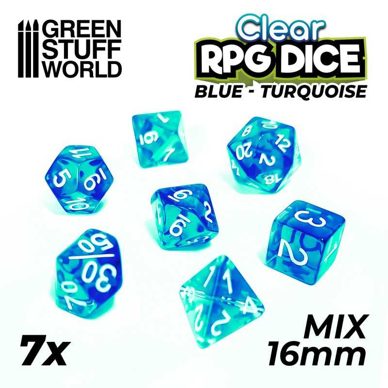 7x Mix 16mm 骰子 - 透明蓝色/绿松石 - DnD 骰子
