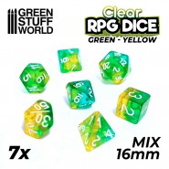 7x Mix 16mm 骰子 - 透明绿色/黄色
