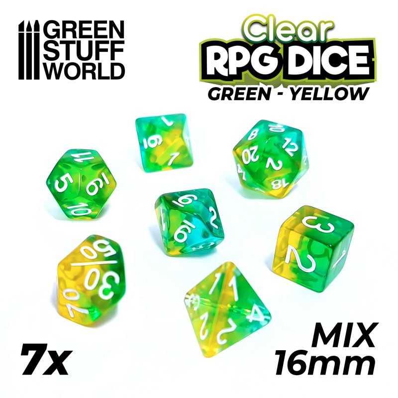 7x Mix 16mm Dice - Clear Green/Yellow | DnD dice set