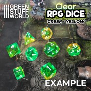 7x Mix 16mm Dice - Clear Green/Yellow | DnD dice set