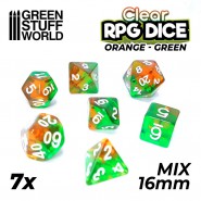 7x Mix 16mm Dice - Clear Orange/Green | DnD dice set