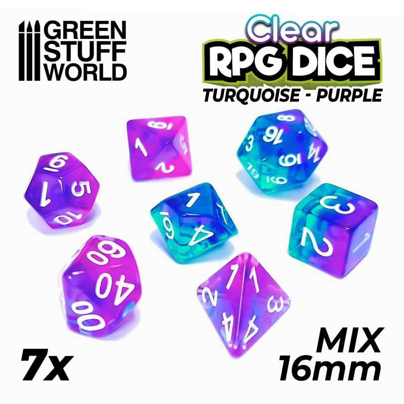 7x Mix 16mm 骰子 - 透明綠松石/紫色 - DnD 骰子